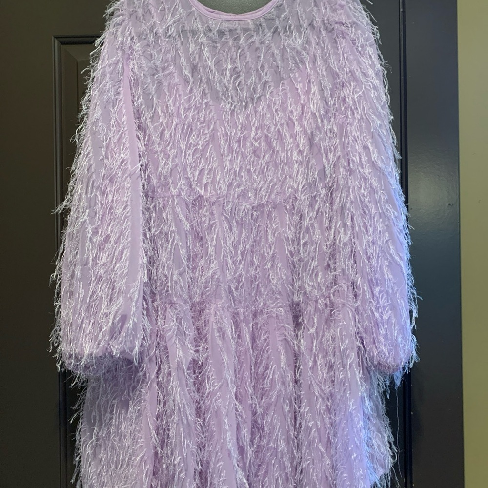 ASOS Purple Mini Dress Long Sleeve Crew Neck Cocktail size 14 Feather Detailing